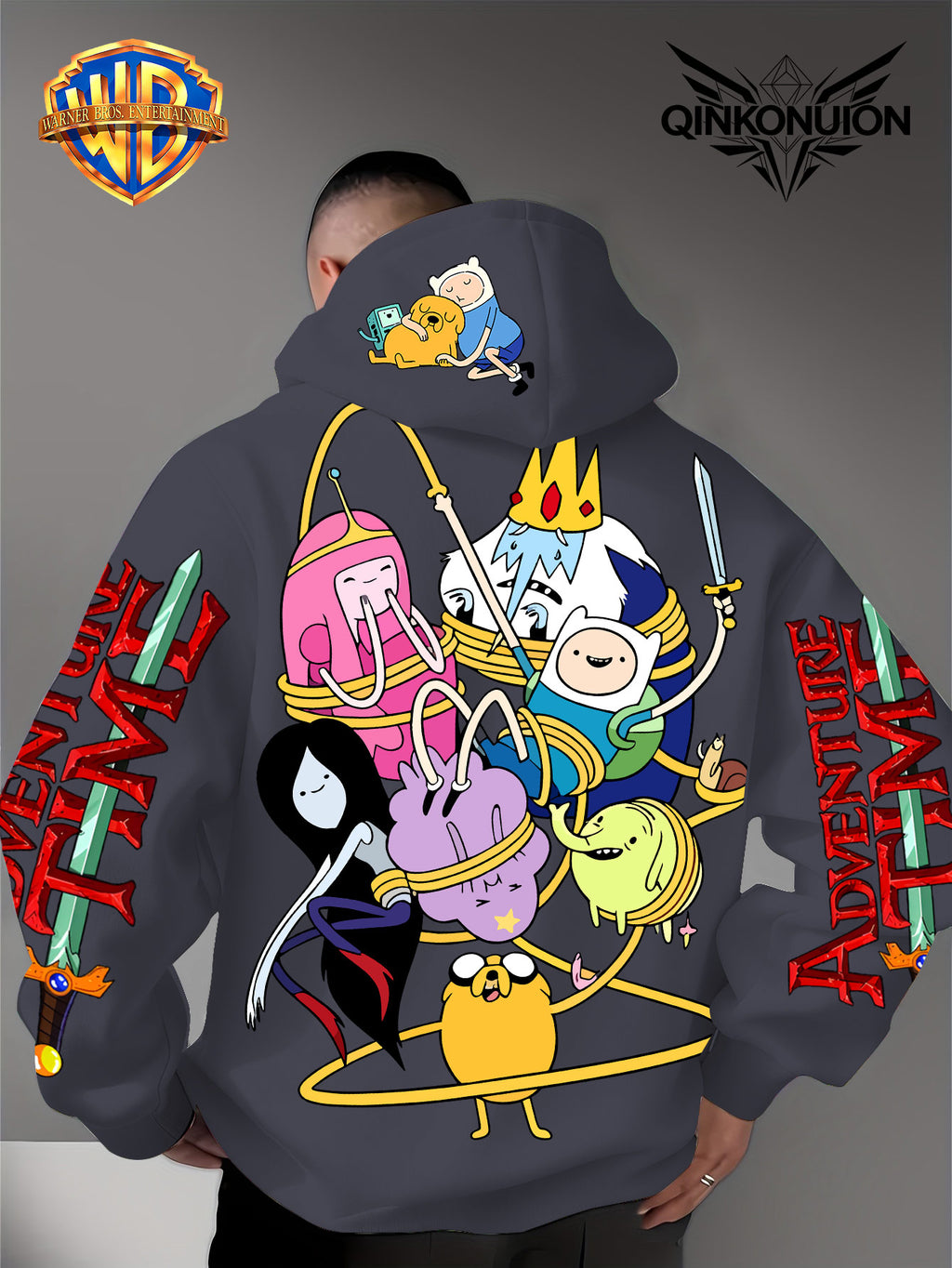 Warner Official Men's Hooded Sweatshirt, Adventure Treasure Rope Wrapped Character Group Cartoon Print Design, Machine Washable, Warm and Casual for Autumn and Winter, Daily Drawstring Hooded Sweatshirt, Multifunctional Sports and Casual Loose Fit - Dark Gray
