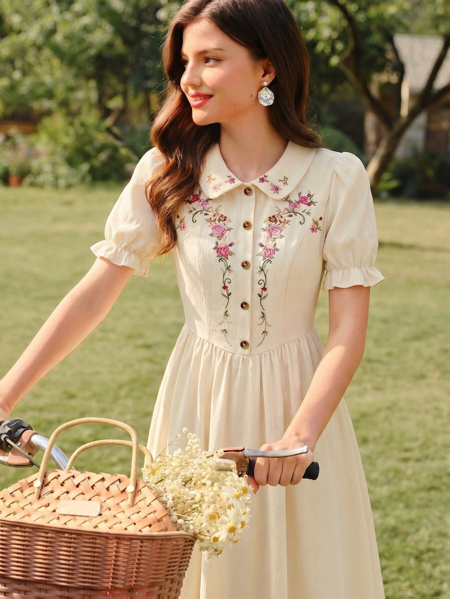 Women'S Summer Clothing, Retro Elegant Women'S Dress, Polka Dot Floral Pattern, Button Decoration, Ruffled Hem, Casual Style, Holiday Wear, Tea Party Dress, Embroidered Style, Festive Attire, Elegant Women'S Dress, Casual Women'S Dress - Apricot