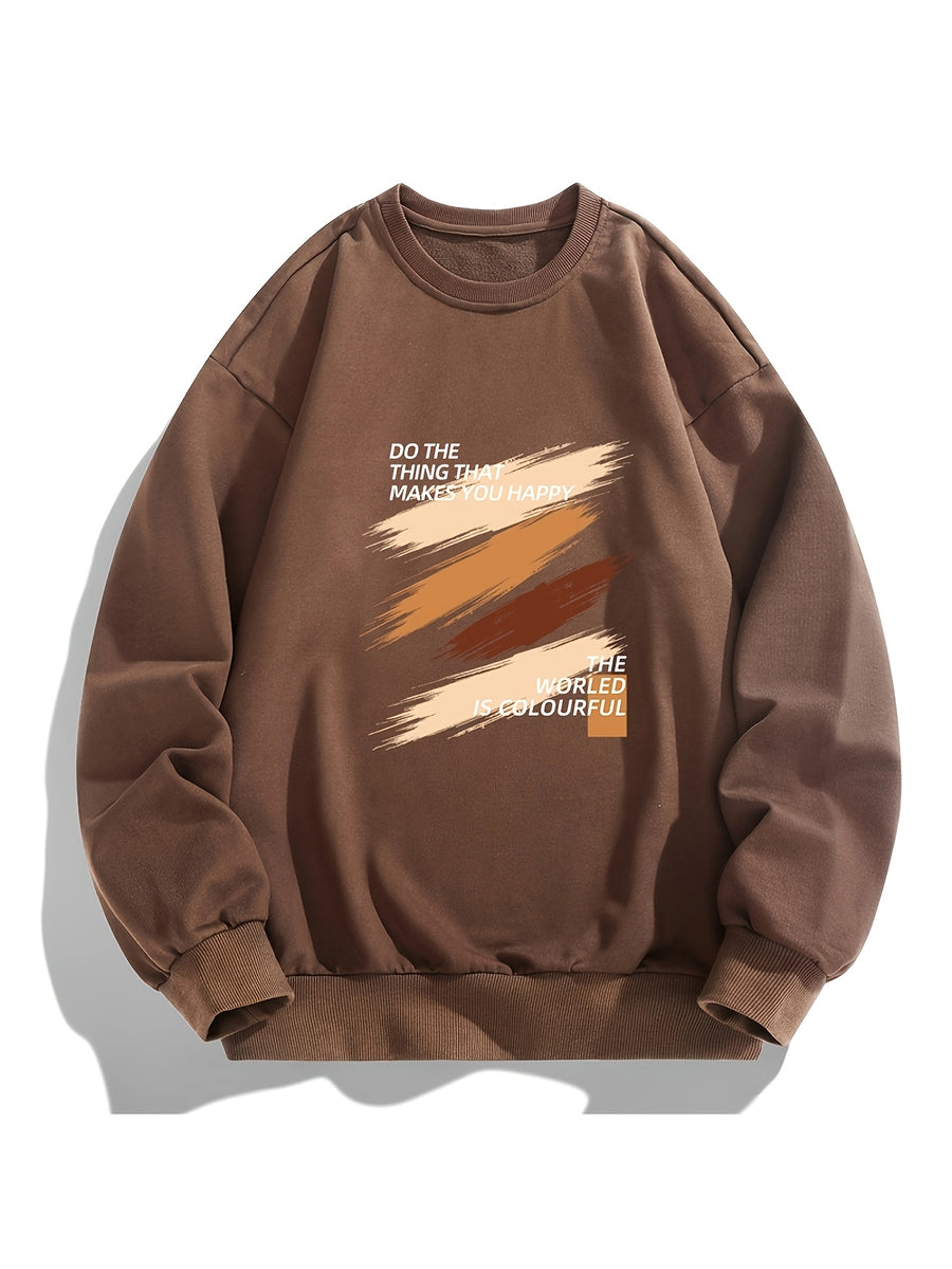 Men's Crew Neck Sweatshirt, Spring Autumn Art Brush Stroke Color Block Slogan Print Pullover Top, Youth Loose Casual Versatile LongSleeve Basic Shirt - Light Brown-1