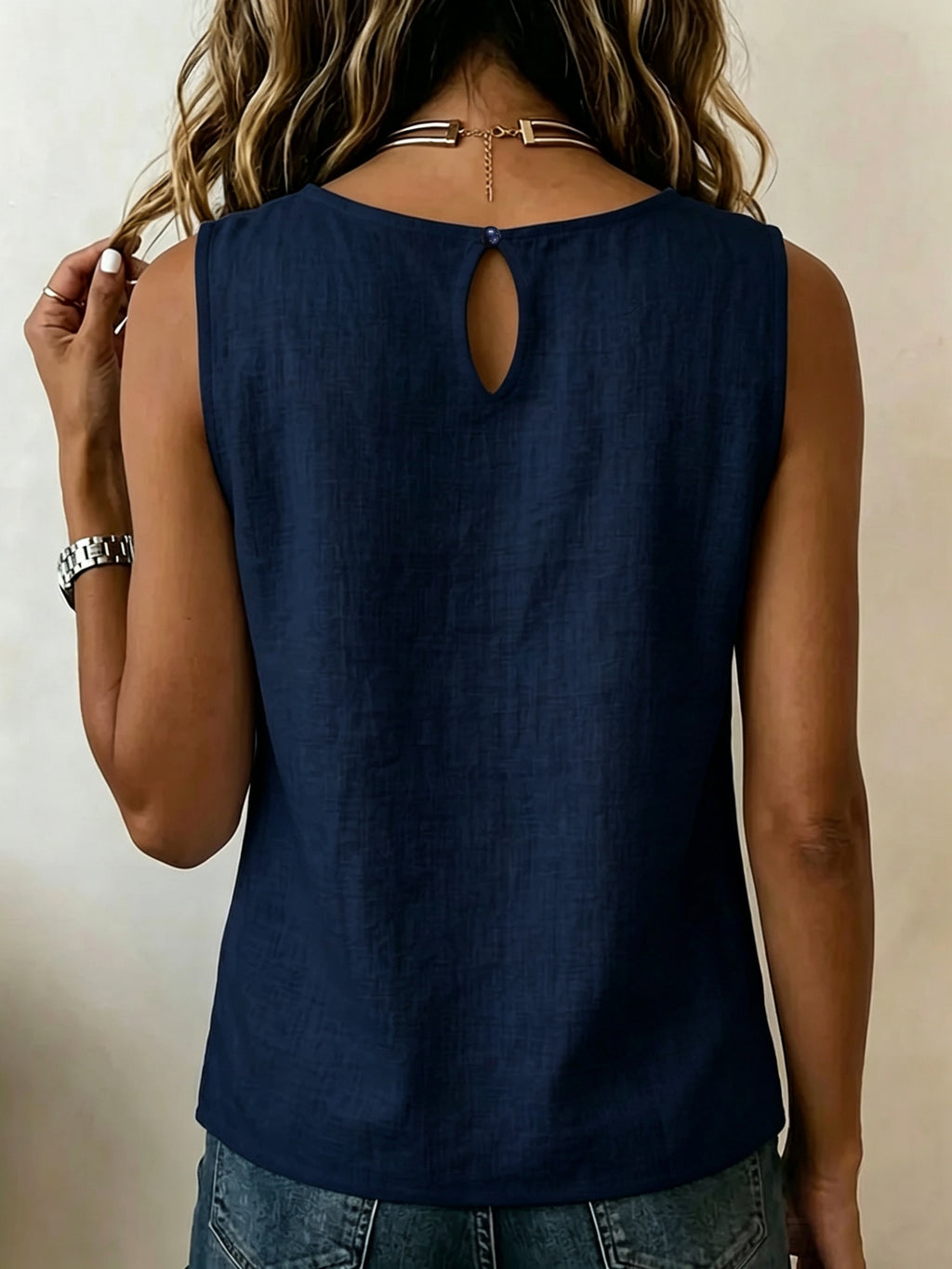 Summer Minimalist Style Round Neck Side-Button Versatile Sleeveless Shirt - Navy Color