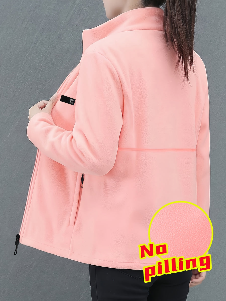 Autumn/Winter Women's Stand Collar Zipper Cardigan, Warm Jacket, Versatile Commuter Outdoor Top - Bright Pink Color