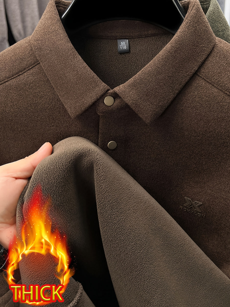 Thickened Men'S 3-Button Collar Polo Pullover Long Sleeve, Buttoned Placket, Ribbed Cuffs, Suitable for Autumn Inner And Outer Wear - SINBOS - Mocha Brown