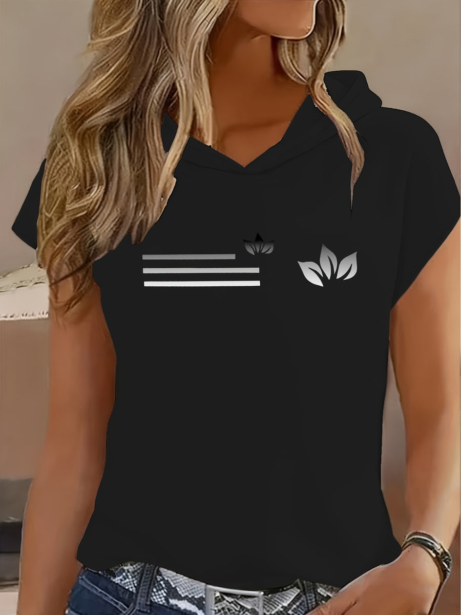 1pc Minimalist Black And White Butterfly Cold Style Advanced Print Y2K Style Women'S Sportswear Hooded Loose Design Soft And Comfortable Top Elegant Fashionable T-Shirt Hooded Short Sleeve - Black