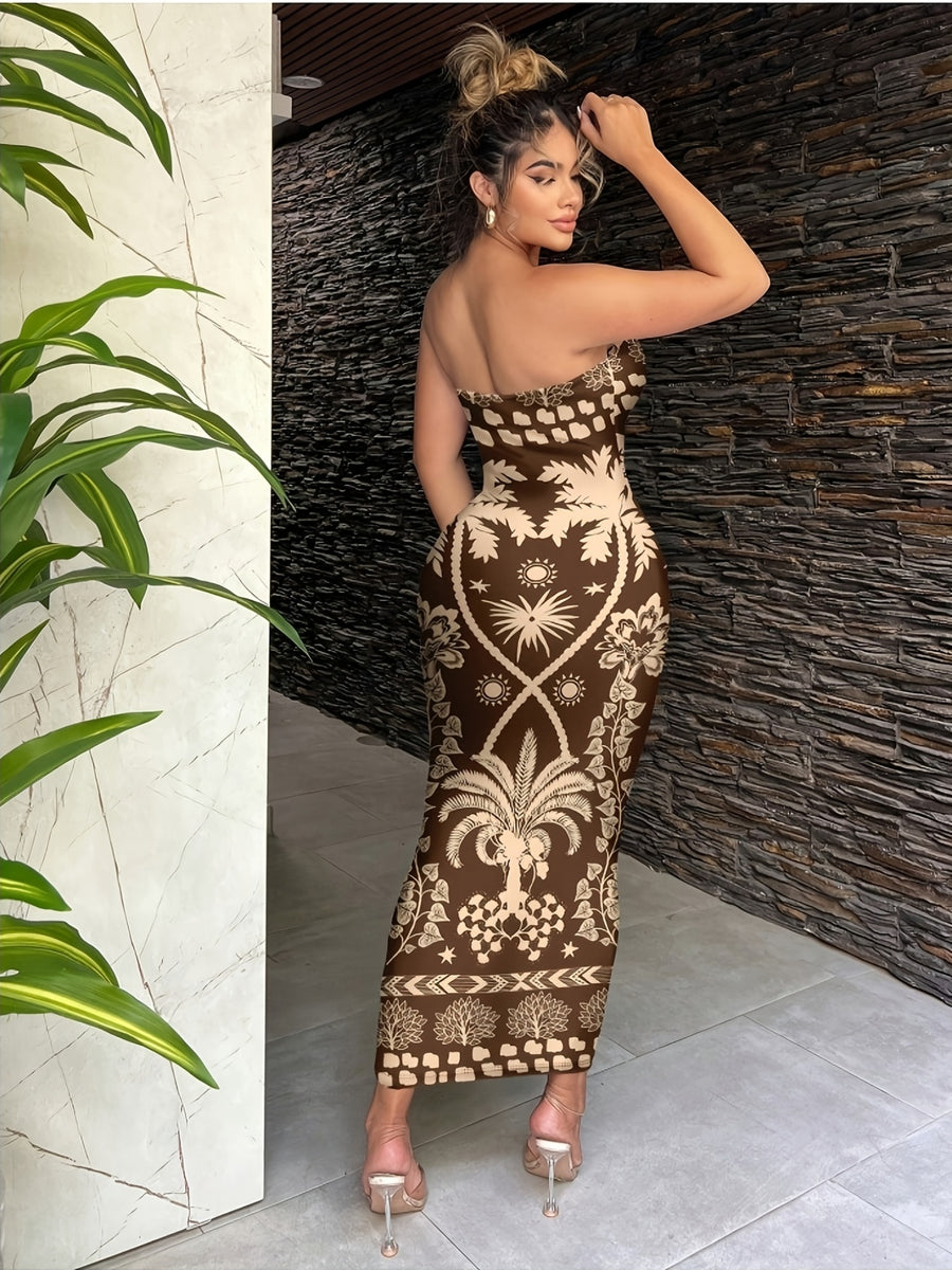 Women'S Fashion Apparel Exquisite Holiday Beach Party Attire Women'S Elegant Floral Print Off-The-Shoulder Strapless Tailored Waist-Cinched Bodycon Dress Bridesmaid Dress Women'S - Coffee Brown