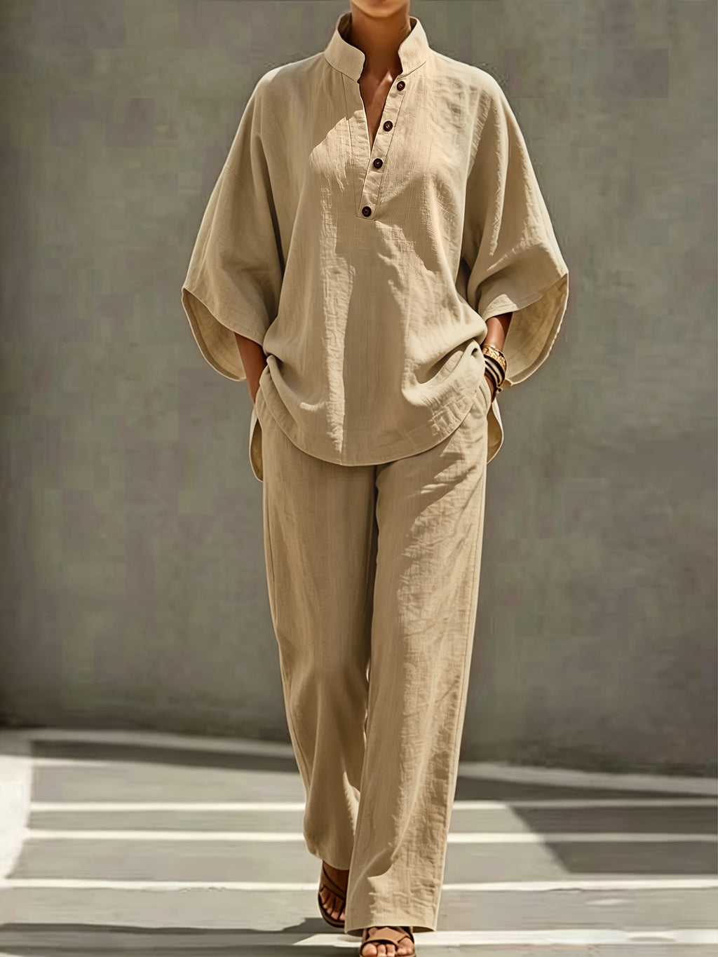 [PLMM] Spring Autumn Winter Women'S Fabric Button Short Collar Fashion Casual Two-Piece Long Pants Set - Khaki