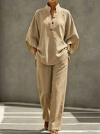 [PLMM] Spring Autumn Winter Women'S Fabric Button Short Collar Fashion Casual Two-Piece Long Pants Set - Khaki
