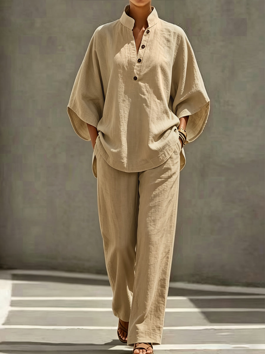 [PLMM] Spring Autumn Winter Women'S Fabric Button Short Collar Fashion Casual Two-Piece Long Pants Set - Khaki