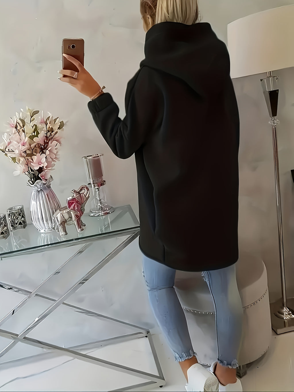 Plus Size, New European and American Women's Plus Size Hooded Sweatshirt with Full Front Zipper, Fashionable Asymmetric Hem Slit, Wide and Comfortable, Breathable, Thick and -Lined, Loose Fit, Long Sleeve, Warm for Autumn and Winter - Black