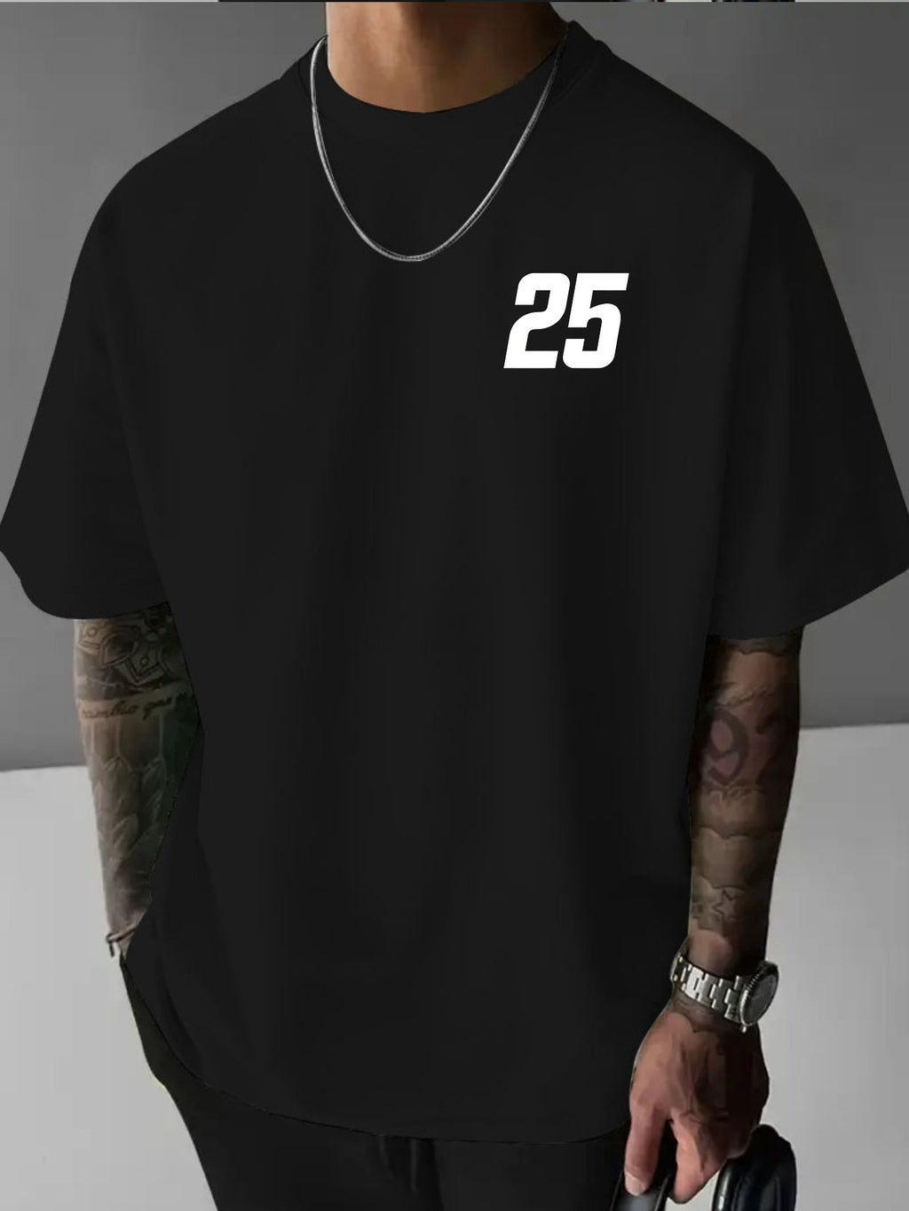 Minimalist Hand-Drawn Numerals and  Letter Creative Front and Back Print Fashionable Men's Casual Versatile #Commute #Leisure #Home #Office #Trendy Streetwear Fashion Item Crew Neck Heavyweight Pure Cotton T-Shirt - Black