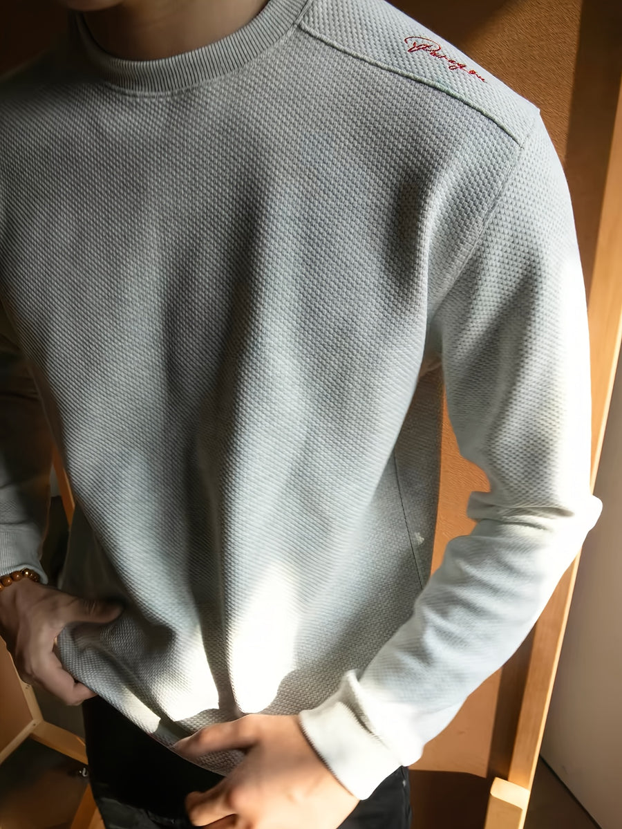 Men'S Sweatshirt Honeycomb Embroidery Sweatshirt Men'S Spring Autumn Round Neck Waffle Long Sleeve T-Shirt Fitness Cool - Grey