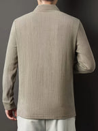New Autumn Collection: Men's High-GSM Solid Color Textured Vertical Stripe Lapel Top for Commuting, Business, and Casual Wear - Knitted T-Shirt Polo Shirt - Khaki