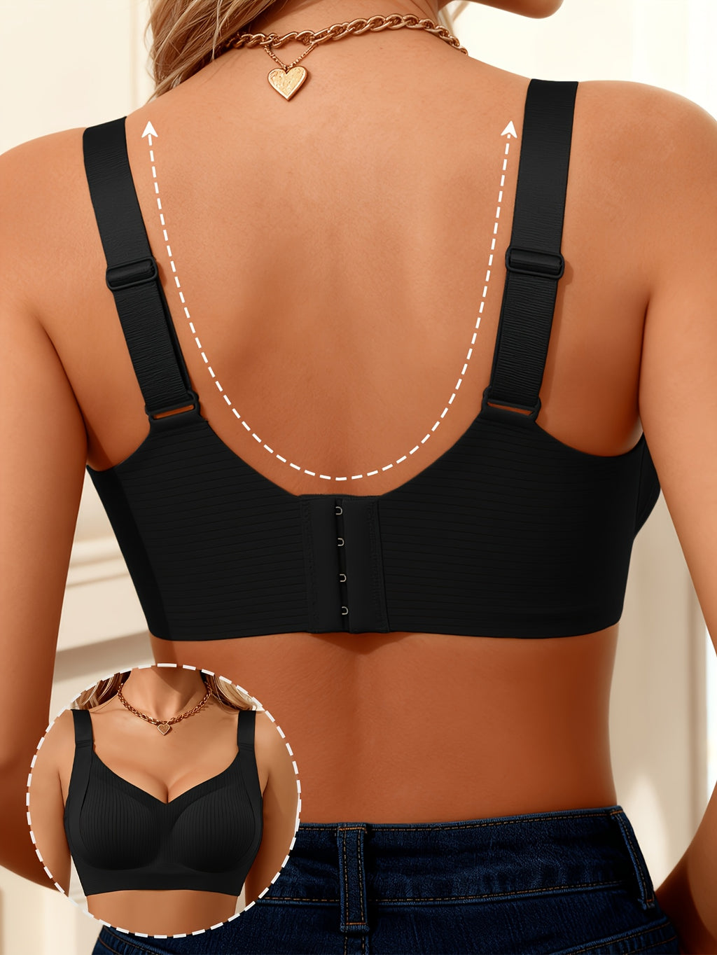 1pc Women'S Seamless Pinstripe Bra Without Underwire, Adjustable Wide Straps, Back with 4 Rows of Buttons, Comfortable Support Without Underwire, Gathering And Lifting Daily Lingerie, Soft And Breathable Removable Cups, Shaping Tight Fit Innerwear - Black