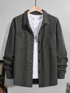 Men's Casual Solid-color Long-sleeve Shirt, Made of Comfortable Waffle-knit Fabric, Featuring a Double Chest Pocket Design, Front Button Placket, and a Loose-fit Lapel Open-front Cardigan Top, Suitable for Daily Wear and Commuting in Spring - Dark Gray