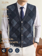 New Autumn/Winter Men's Knitted Vest with V-Neck, Tie Pockets, and Rhombus Pattern Design. Warm, Cold-Resistant, Soft, and Comfortable Sweater Vest. Simple, Elegant, and Versatile, Suitable for Daily, Business, Casual, and Camping Wear. The First - Dark Gray