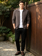 Men's Lightly Mature Business Casual Lapel Knit Cardigan, Vertical Stripe Textured Breathable Wrinkle-Resistant Knit Outerwear, Comfortable, Soft, and Skin-Friendly, with Simple Single-Breasted Design and Dual Pockets, Structured Fit for a Slimming - Coffee Color