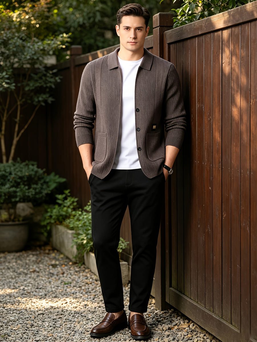 Men's Lightly Mature Business Casual Lapel Knit Cardigan, Vertical Stripe Textured Breathable Wrinkle-Resistant Knit Outerwear, Comfortable, Soft, and Skin-Friendly, with Simple Single-Breasted Design and Dual Pockets, Structured Fit for a Slimming - Coffee Color