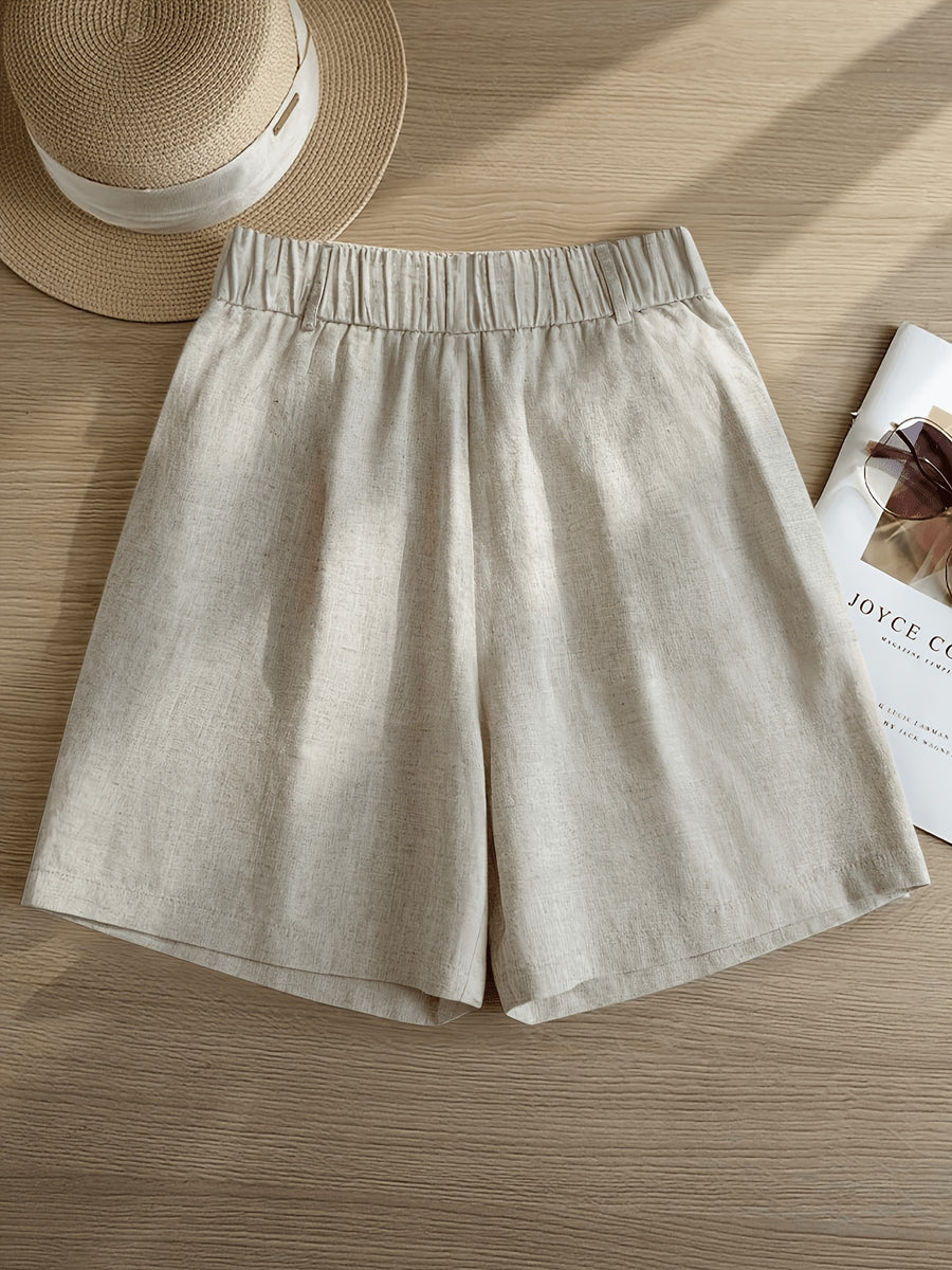 Natural Linen Suit Shorts for Women, High-Waisted Pleated Semi-Elastic Waist, Loose A-Line Wide-Leg Casual Five-Quarter Linen Pants ASD1 - Hemp True Color