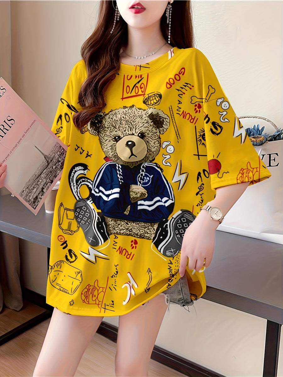 Summer New Large Size Loose Fashion Trend Slim Cartoon Round Neck Print Ladies Women'S Medium And Long Short-Sleeved T-Shirt Clothes - Yellow