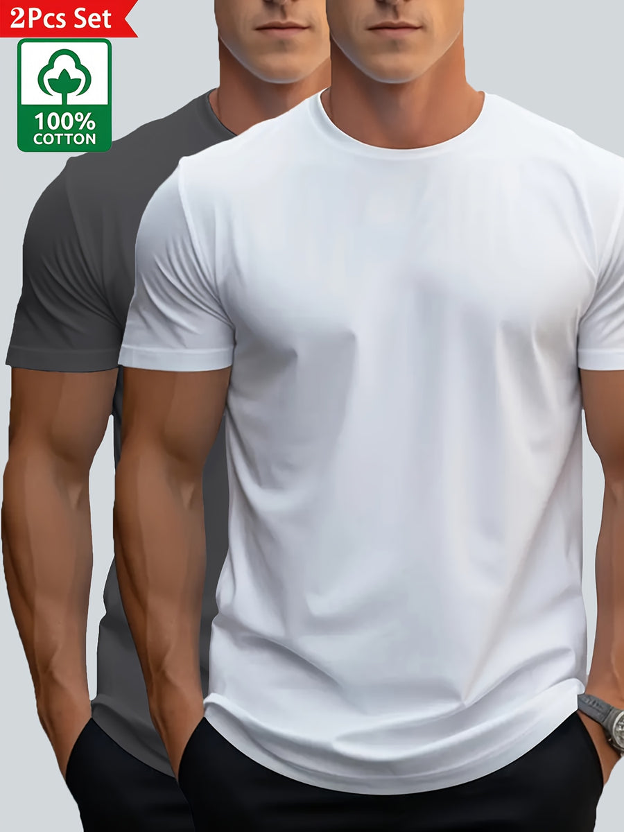 2pcs Men'S Premium 100% Sports Casual T-Shirt, Trendy Tees, Black Tees for Men, Breathable And Sweat-Absorbing Short Sleeves for Summer, Round Neck Short Sleeves, Men'S Comfy Clothing Tops for Daily Vacation - White&Grey