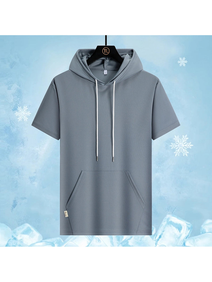 T-shirt, Cool and Breathable for Summer, New Hooded Short-sleeve Men's Sports T-shirt, Fashionable Trendy Brand, Loose and Breathable, Casual Sports Wear - Grey