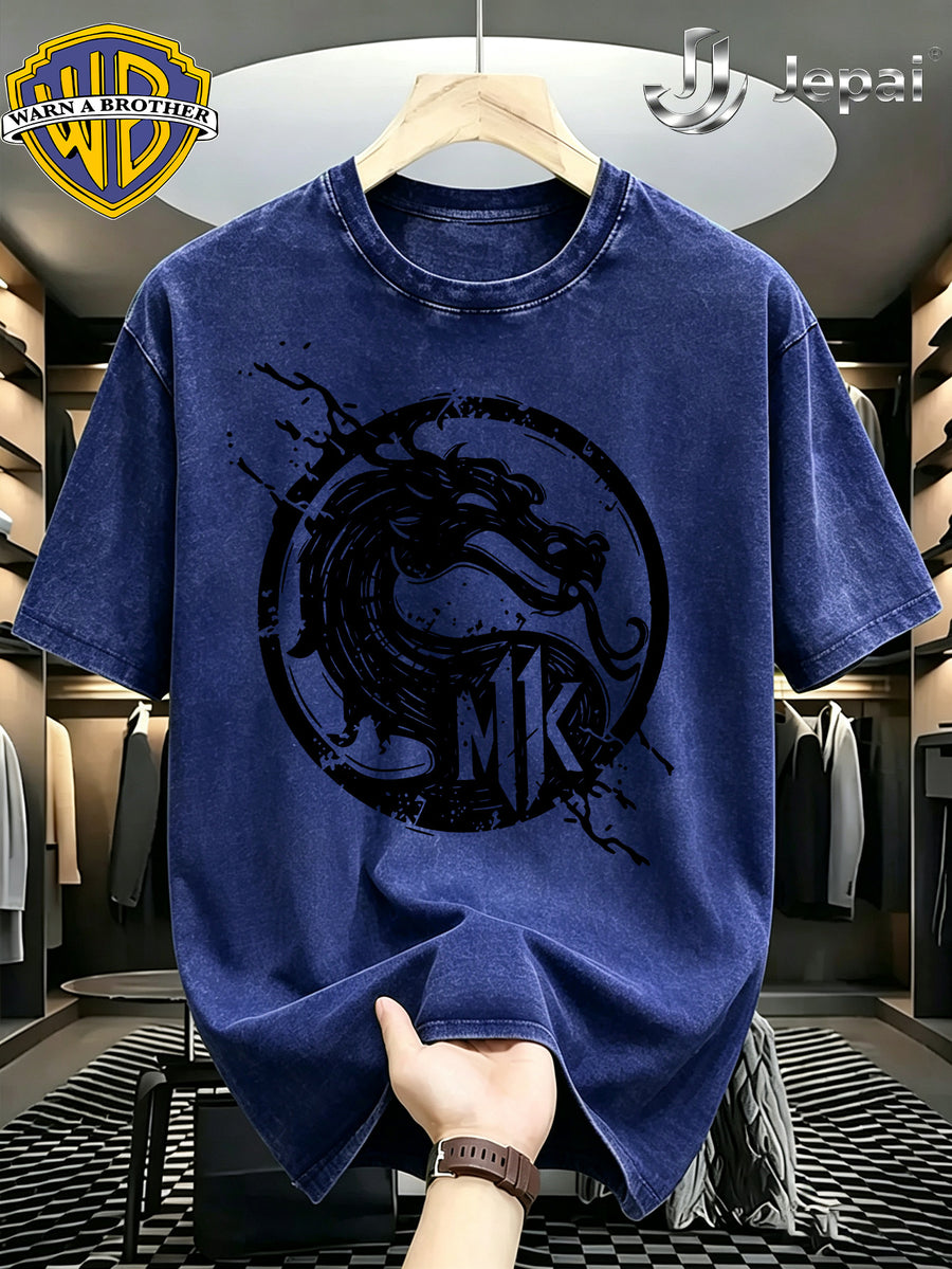Warner Exclusive, Hip-Hop High Street "Mortal Kombat" Themed Print Design Men's Summer Loose Fit Crew Neck Commuter Short Sleeve T-Shirt, Versatile Styles, Loose Fit, Suitable for Summer Wear, Outdoor Activities, Fitness, Parties, Festivals - Royal blue color