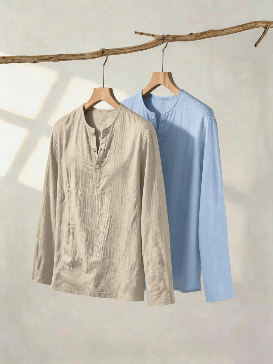 Spring/Autumn New Arrival Men's Cotton-Cotton and Linen Henley Long Sleeve Shirt, 2pcs, Solid Color Casual Top - Khaki+Blue