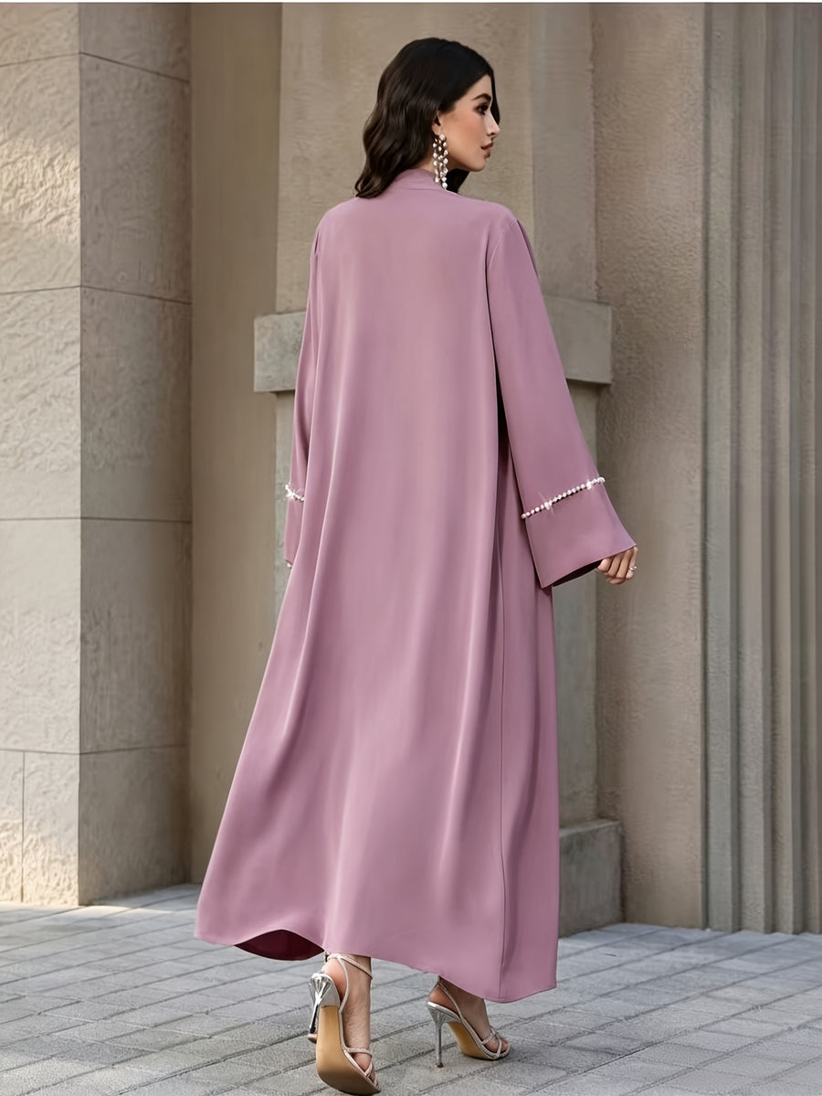 1pc Women Open Front Abaya Cardigan, Elegant Pearl Rhinestone Embellished Long Sleeve Maxi Outerwear, Modest Islamic Dubai Style Abaya Coat for Party Evening - Pale Pinkish Gray