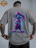 Official Warner Bros. Licensed Product: Neon Effect SEG-Style  Arm-Folded Fashion Glasses Cool Back Print Short-Sleeve T-Shirt, Contrast Striped Sleeve Crew Neck Casual Sport Top. Suitable for Outdoor Sports, Gym, Daily Commuting, and Gifting - Grey