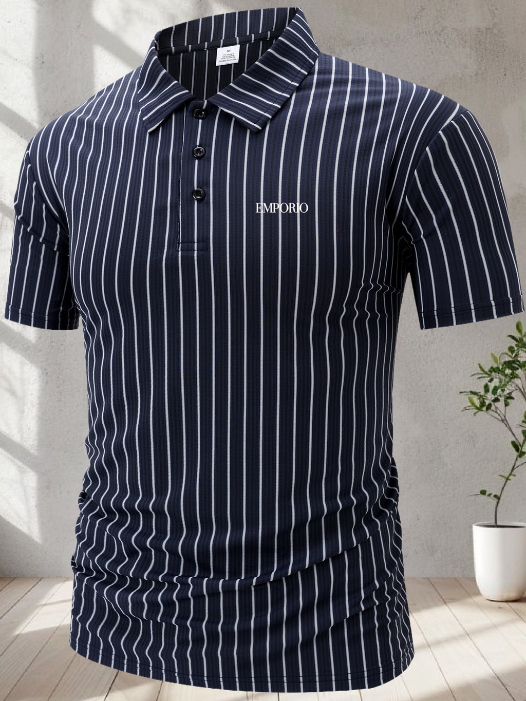 FT1105 EMPORIO Men's Striped Jacquard Print Short-Sleeve Polo Shirt, Comfortable Casual Ice-Feel Knit Business Lapel Daily Top, Gift - Navy Color