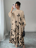 Women's Elegant High Neck Maxi Dress with Plant Print - -Length Gown, Machine Washable Suitable for Weddings, Parties, Spring/Autumn Events - Apricot