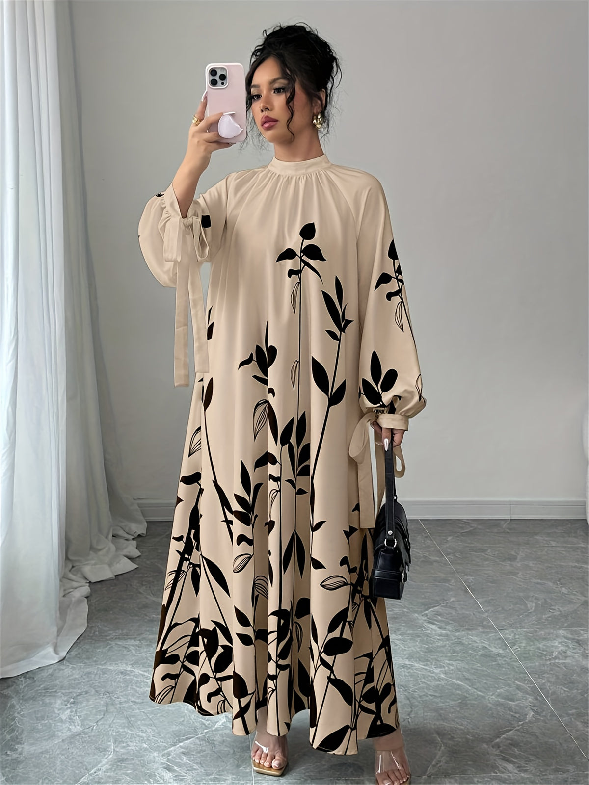 Women's Elegant High Neck Maxi Dress with Plant Print - -Length Gown, Machine Washable Suitable for Weddings, Parties, Spring/Autumn Events - Apricot