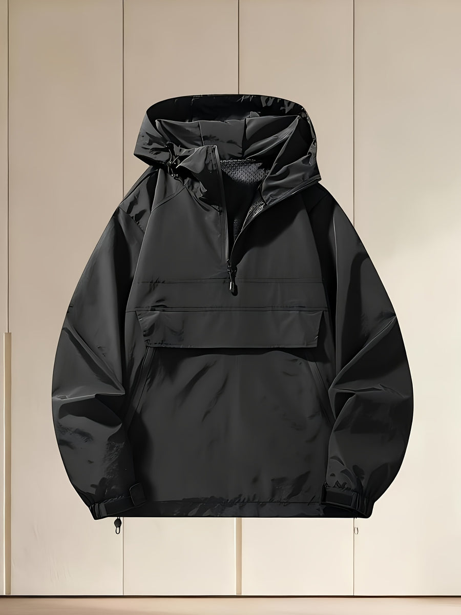 Men's Spring/Autumn Hooded Windbreaker Jacket, Loose Fit Plus Size Trendy Versatile Half-Zip Casual Workwear Jacket, Fashionable Thin Half-Zip Outerwear Suitable for Outdoor Sports, Travel, Hiking, and Adventure Wear - Black
