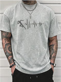 Men's Washed Short-Sleeve T-Shirt, Made of Pure Cotton Fabric That Is Breathable and Skin-friendly. The Relaxed Fit Is Comfortable and Versatile. Features a Creative Print of a Runner on the Front + EKG, Combining Athletic Passion with the Rhythm - Grey