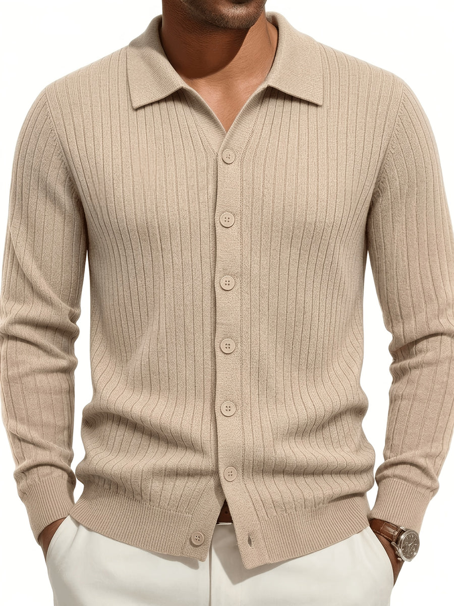 Men's Vertical Striped Knit Cardigan, Lapel Polo Collar Button Long Sleeve Slim Fit Knitted Sweater Jacket for Fall Winter Casual Outwear - Apricot Flower