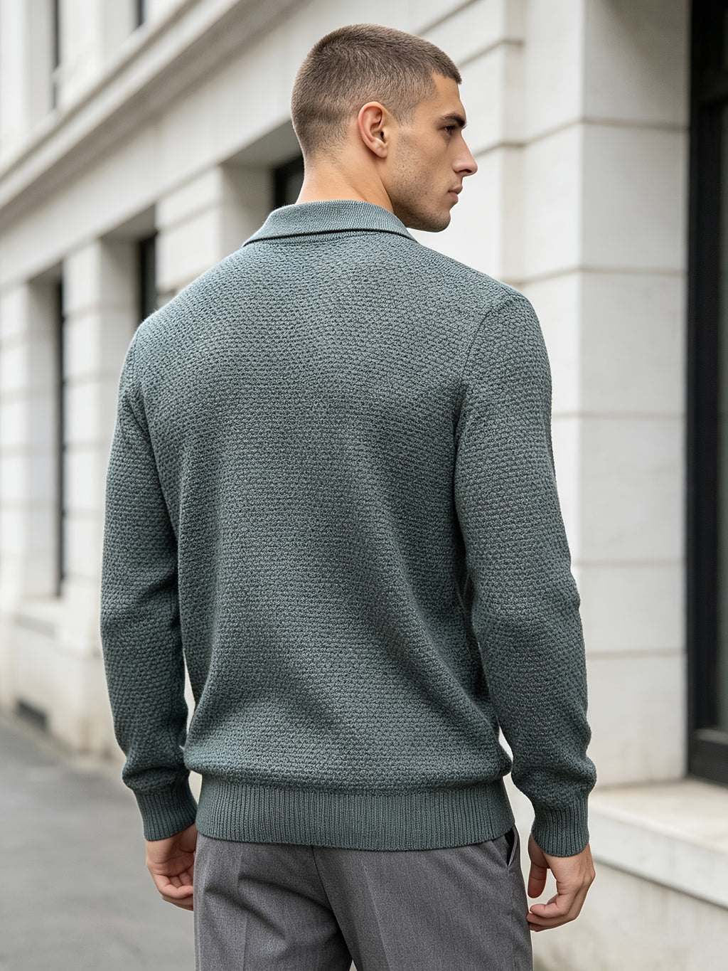 Men'S Business Light Luxury Style Lapel Honeycomb Texture Knit Polo Shirt, Soft Skin-Friendly Knit Fabric, 3D Honeycomb Texture Premium Texture, Slimming And Non-Tight, Long Sleeve Design Easy And Atmospheric Without Extra Logo - Bean Green