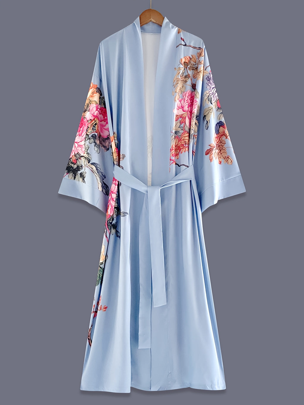 Japanese-style Rose Print Mid-length Three-quarter Sleeve Kimono Cardigan, Lightweight Outerwear for Women, Elegant European and American Ethnic-inspired Streetwear Casual Cover-up, Beach Vacation Travel Uchikake-style Thin Cape Coat, Home Yukata - Bright Steel Blue