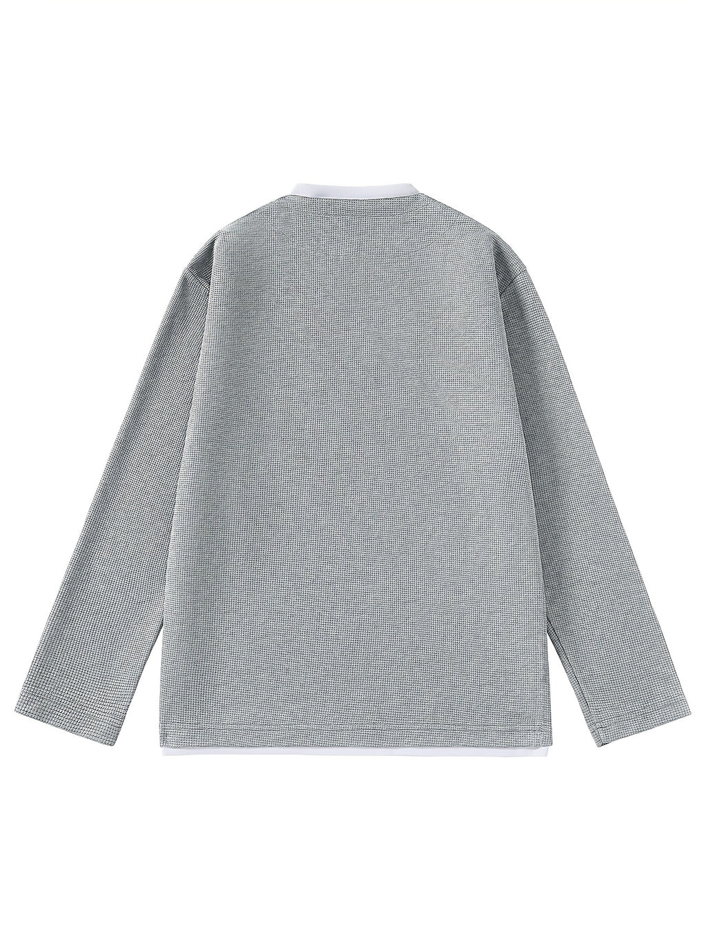 Men'S Long Sleeve T-Shirt Base Layer, New Spring/Autumn Season Faux Two-Piece Design Top, Solid Color Waffle Fabric Textured Pullover, Men'S Fashion Trendy Casual Sports Versatile Knit Sweater - Grey