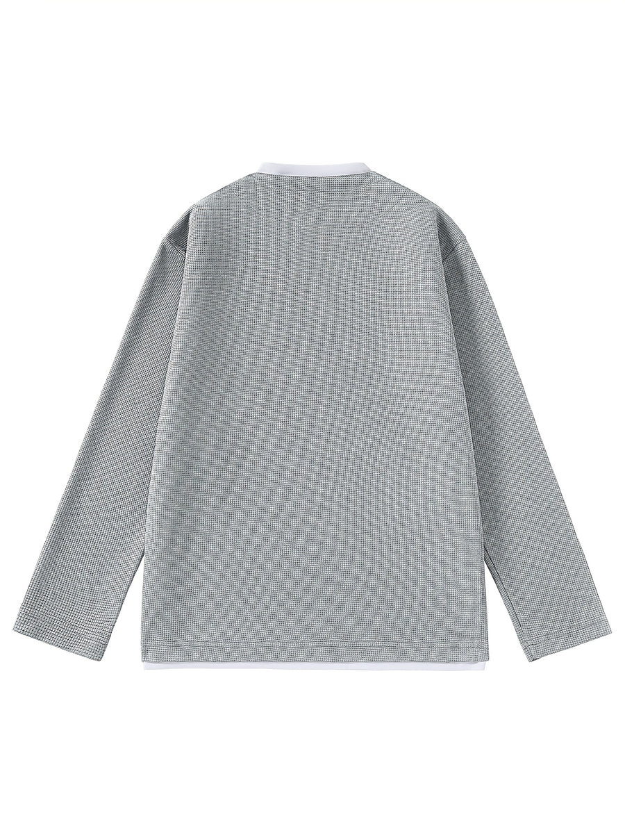 Men'S Long Sleeve T-Shirt Base Layer, New Spring/Autumn Season Faux Two-Piece Design Top, Solid Color Waffle Fabric Textured Pullover, Men'S Fashion Trendy Casual Sports Versatile Knit Sweater - Grey