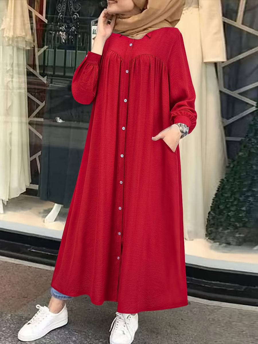 Fashion Women's Pocket Shirt Dress with Chest Gathering, Measured Bust at Back - Red