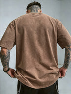Men's New Arrival Washed Casual Art Letter Print T-Shirt - Geometric Pattern Retro Washed Vintage Short Sleeve Round Neck T-Shirt, Suitable for Everyday Versatile Retro Style, Men's Wear - Coffee Brown