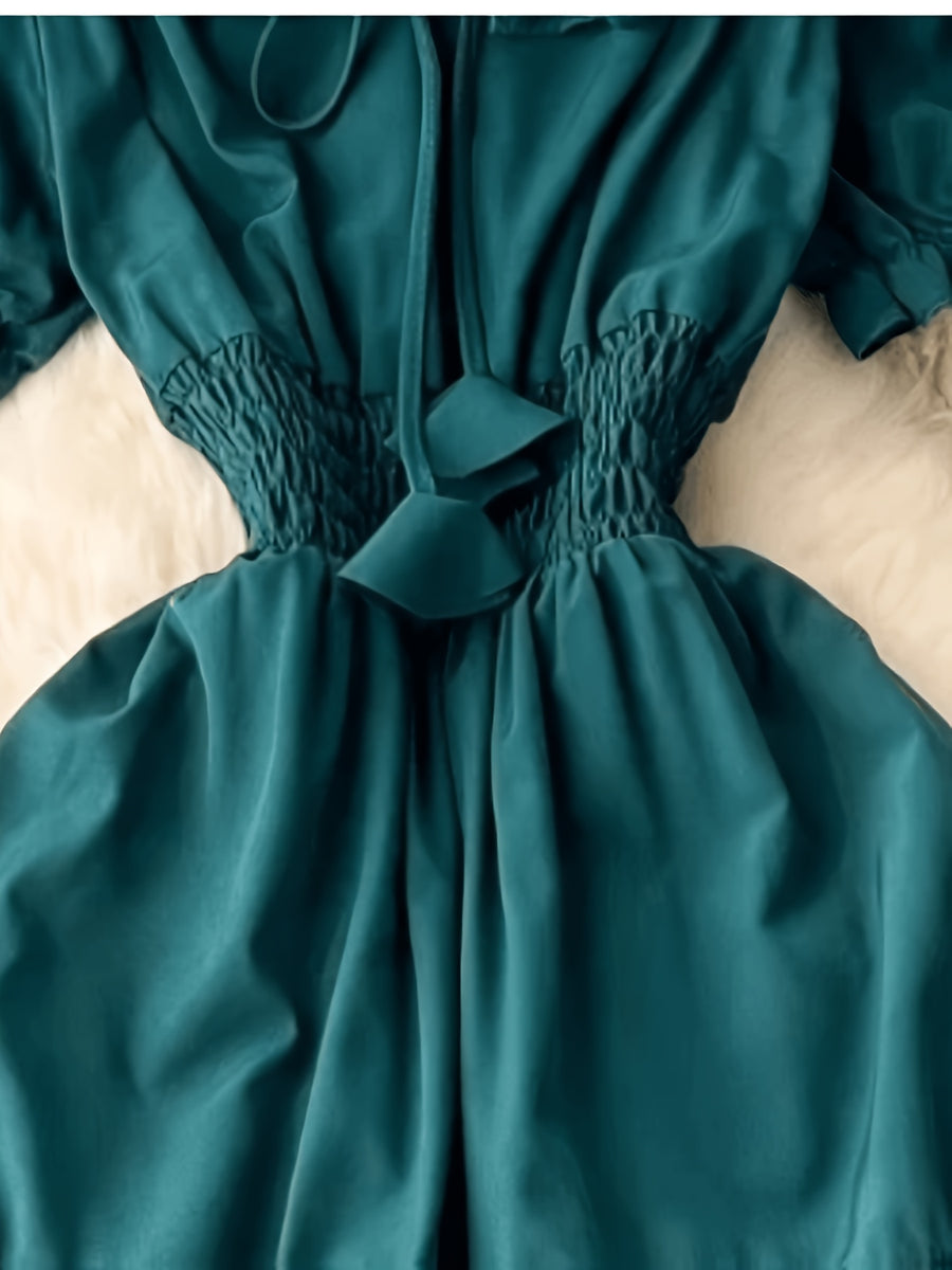 Spring/Summer French-Style Dress for Women, Solid Color, Elegant and Gentle Style, Off-Shoulder Neckline, Short Sleeves, Red Spliced Maxi Skirt, Puff Sleeves, Waist-Cinching Fairy Dress, Sweet Vacation Dress, Gavin - Dark Green