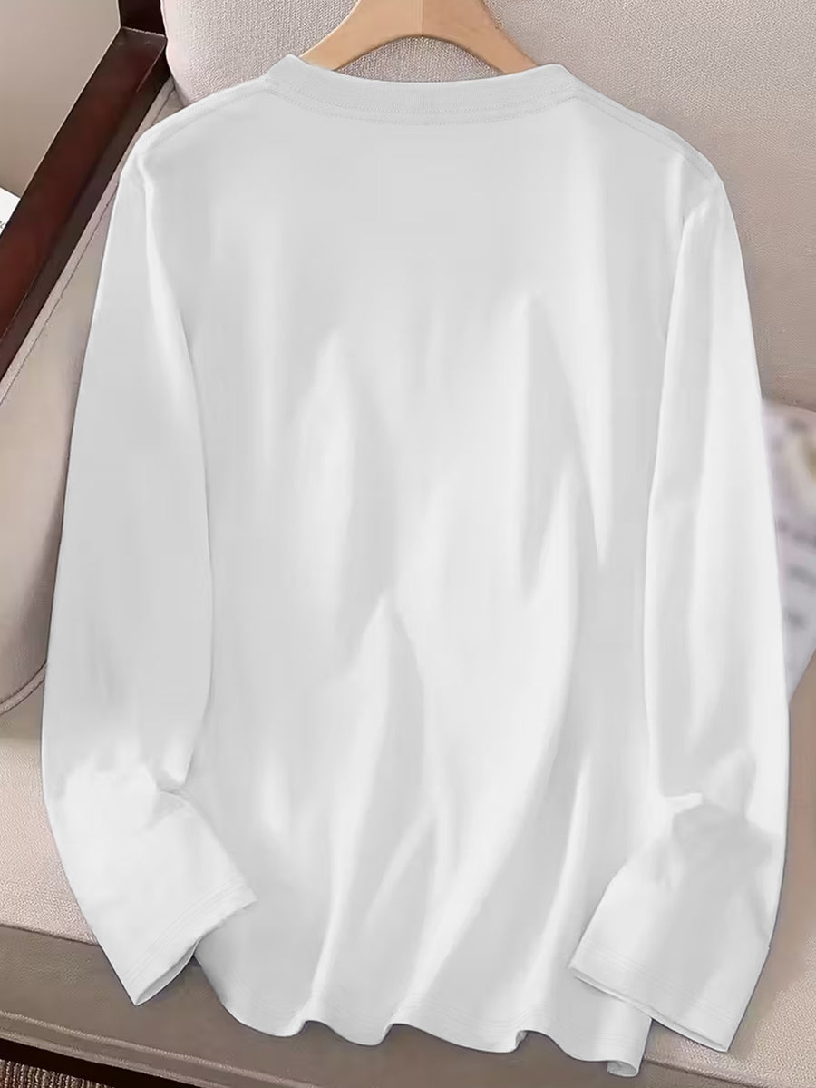 Women'S 100% Solid Color Long Sleeve T-Shirt, Round Neck, Comfortable Casual Wear for Everyday Use - White