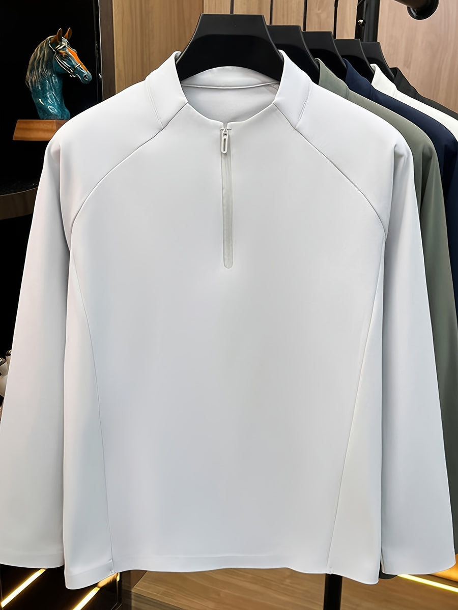 Men's Half-Zip Stand Collar Long-Sleeve Base Layer Shirt, Half-Zip Stand Collar Design, Simple and Professional, Adjustable Neckline Opening. -SINBOS - Beige gray