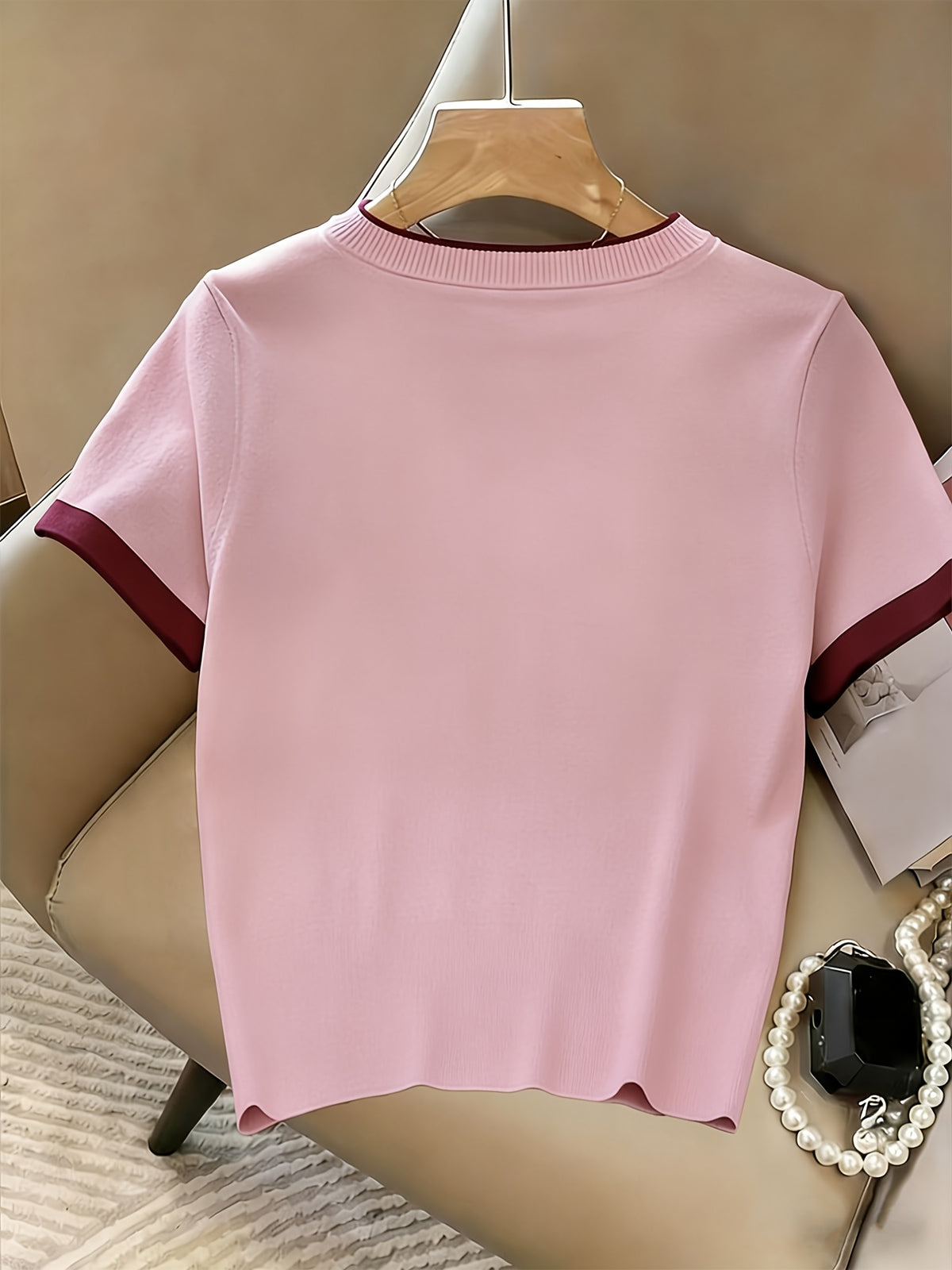 Popular New Spring/Summer Contrast Color Neckline and Cuffs Pullover Short-Sleeve T-Shirt, Ins-Style Simple and Fresh Fabric T-Shirt - Pink