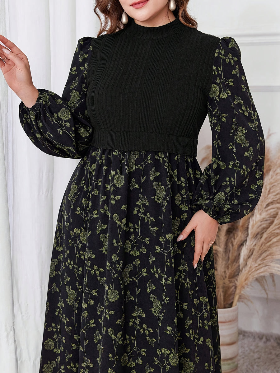 Plus Size - Plus Size - 2025 New Patchwork Fabric Design Floral Print Long Lantern Sleeves Small Stand-Up Collar Waist Slim Dating Travel Elegant Large Size Women'S Dress - Multicolor