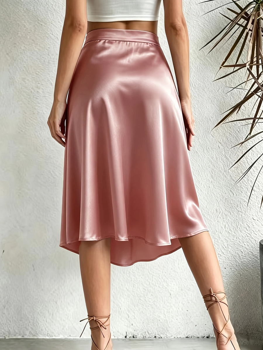 Light Luxury Satin A-Line Skirt with High Slit, Date And Commute Versatile Skirt - Pale Pinkish Gray