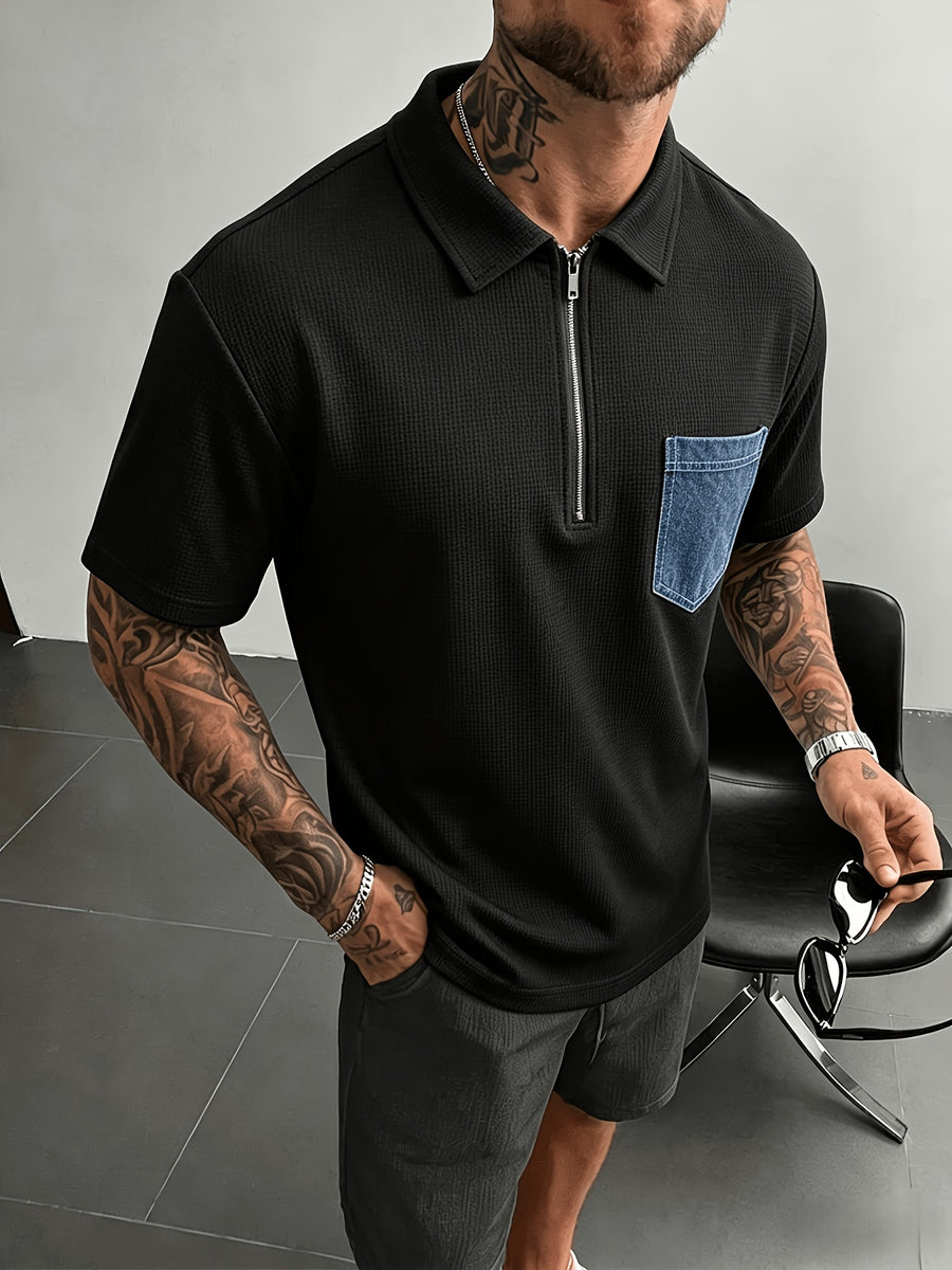 Spring Summer Men'S Easy Half-Zipper Collar Short Sleeve T-Shirt Faux Denim Patch Pocket Casual Polo Shirt Comfortable All-Match - Black