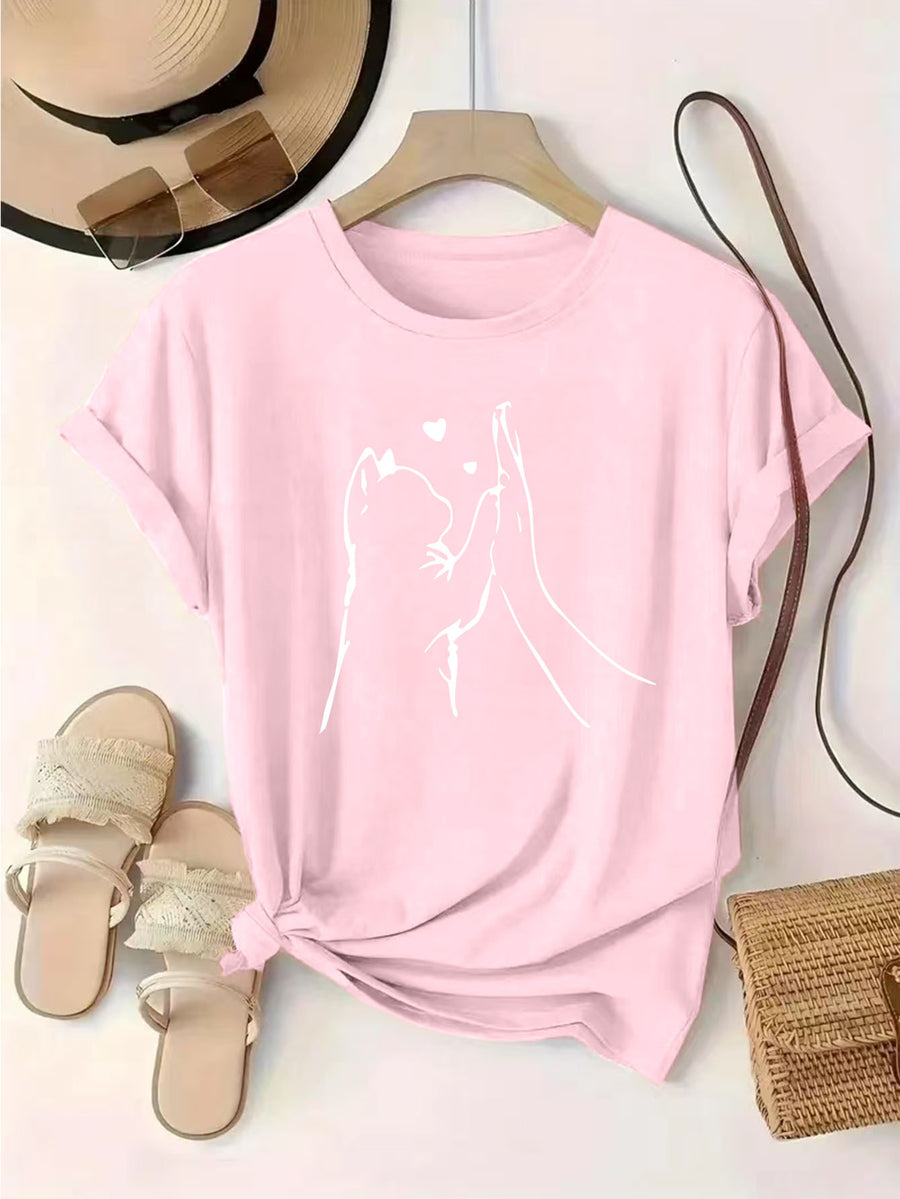 Women'S Fashion Pattern Printed T-Shirt, Round Neck Top, Casual Short Sleeve Top, Comfortable And Soft Knitwear - Pink
