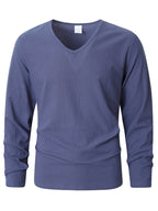 Seaside Vacation Summer Men's V-Neck Long Sleeve Linen Solid Color Casual Long Sleeve T-Shirt - Navy Color