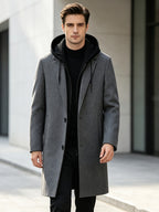 8803 New Thickened Warm Casual Business Removable Hooded Style Thickened Velvet Blend Trench Coat Men'S Jacket - Grey